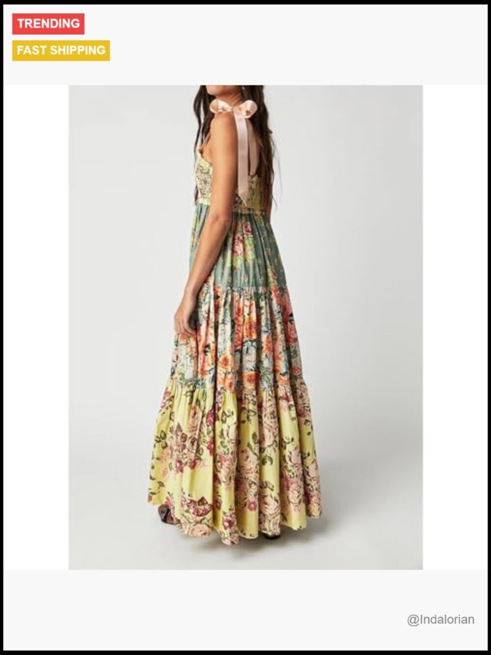 Floral Maxi Dress with Pockets Smocked Bodice Adjustable Tie Shoulder - Picture 2 of 6